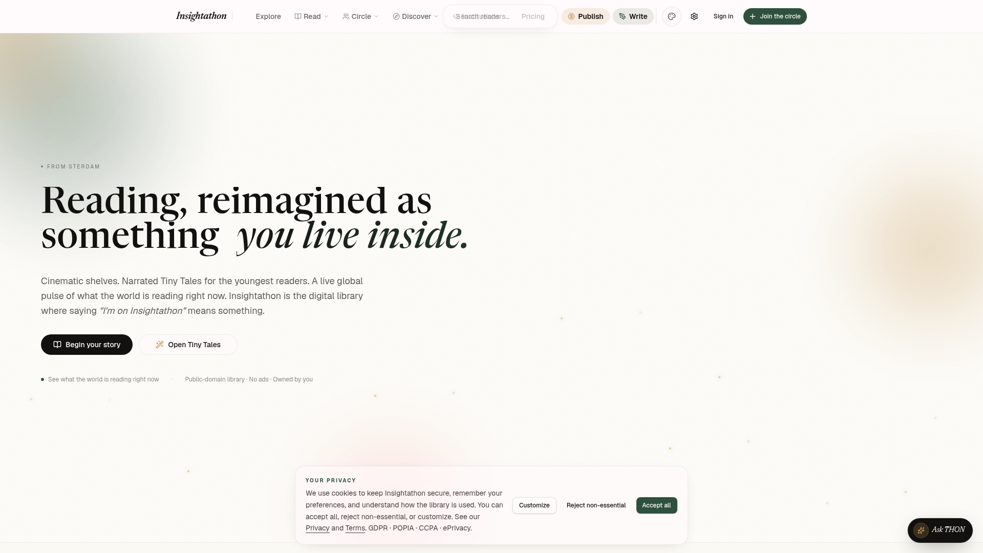 Insightathon cinematic reading platform — live homepage