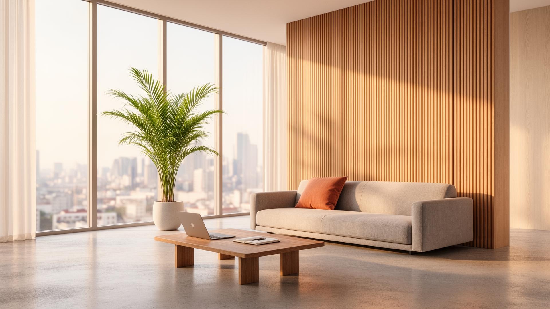Sunlit modern living space with city skyline